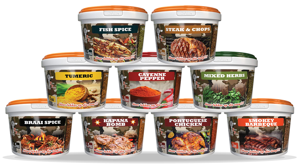 Pure Plaas spice bucket range - stacked 2L tubs